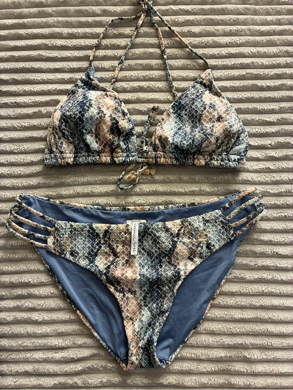 Snake Print Triangle Bikini Set - Brown/Gray